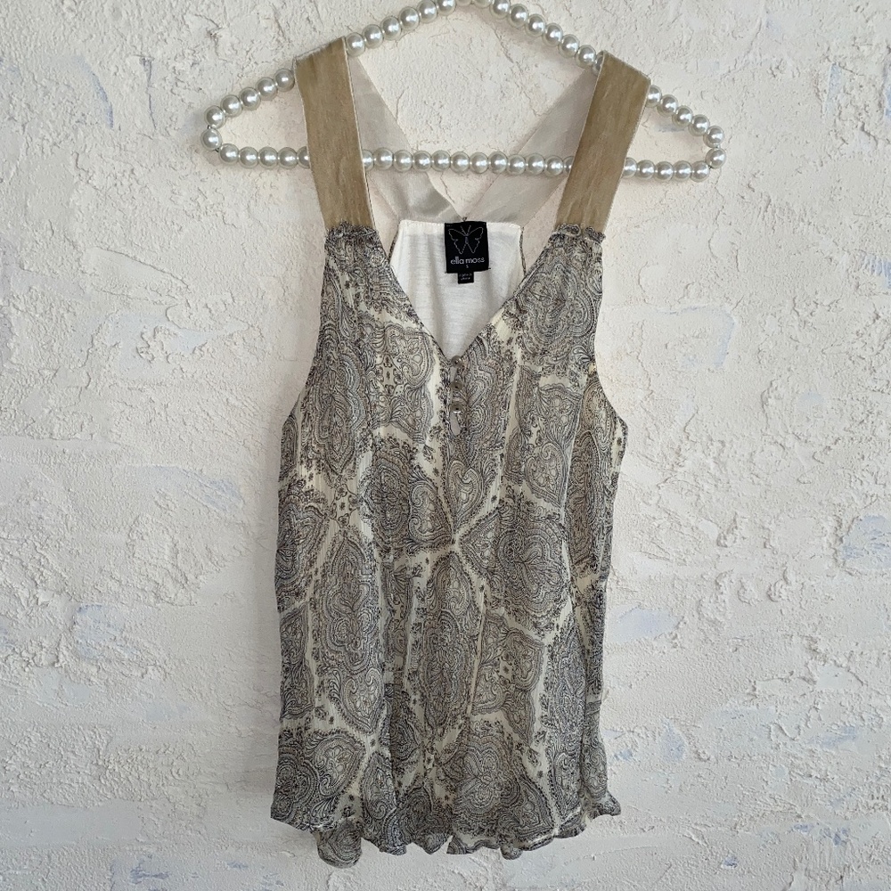 Anthropologie Ella Moss Sheer Overlay Lined Top Beige Velvet Strap Tank Sz S